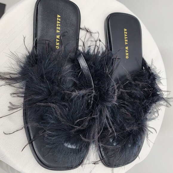 AZALEA WANG Pammy Black Maribou Feather Flat Thong Sandals Slippers 7.5 NWT - Picture 10 of 16
